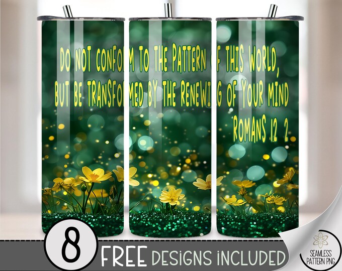 Inspirational Tumbler Wrap, 20oz Sublimation Design, Romans 12 2, Faith Quote, Christian Gift, Unique Green and Gold Floral File A408