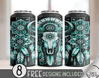 Boho Cow Skull 4 in 1 Can Cooler Wrap, Color Me 4in1 Tumbler PNG, Western Dreamcatcher 16 Oz Can Cooler Sublimation Design,Southwestern Bull