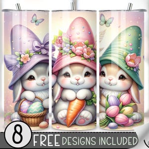 May include: Three Easter-themed stainless steel tumblers with bunny illustrations. Each bunny is wearing a different colored hat and holding an Easter-themed item. The tumblers are perfect for spring and Easter celebrations.