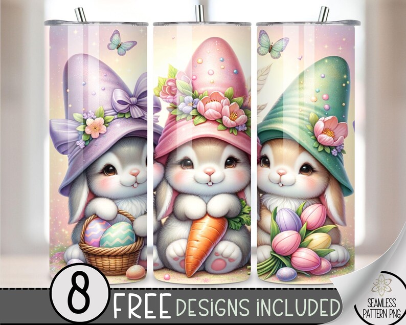 May include: Three Easter-themed stainless steel tumblers with bunny illustrations. Each bunny is wearing a different colored hat and holding an Easter-themed item. The tumblers are perfect for spring and Easter celebrations.