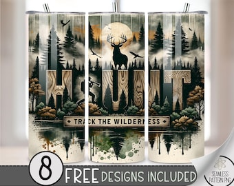 Deer Hunting Tumbler Wrap, Hunting 20oz Skinny Tumbler Sublimation Design, Buck Tumbler Wrap File, Mountain Range PNG, Seamless Forest File