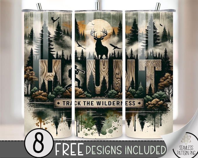 Deer Hunting Tumbler Wrap, Hunting 20oz Skinny Tumbler Sublimation Design, Buck Tumbler Wrap File, Mountain Range PNG, Seamless Forest File