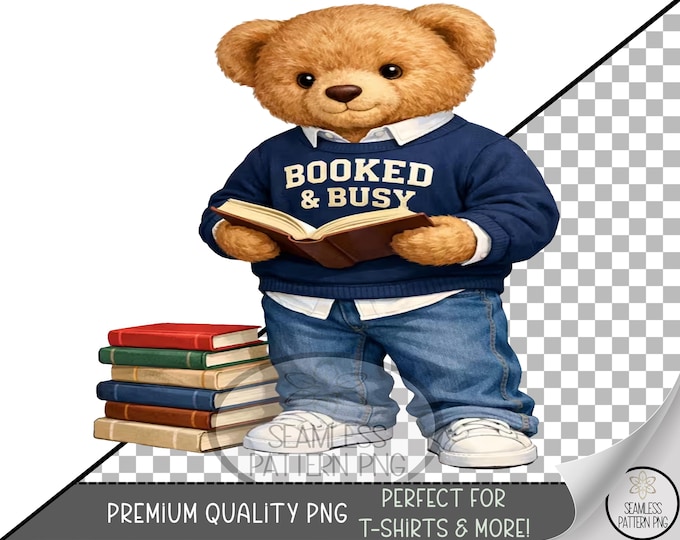 Booked And Busy PNG, Playful Bookish UV DTF Sub, Cute Cozy Bear, Sublimation Design, Digital Download, B998