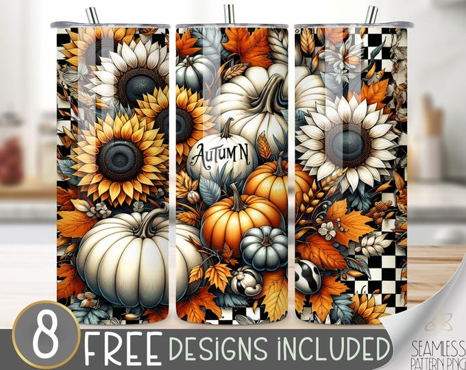 Pumpkin tumbler wrap, flower tumbler design,pumpkin 20 oz tumbler wrap,Autumn plaid tumbler PNG,trendy pumpkin tumbler file, checker pattern