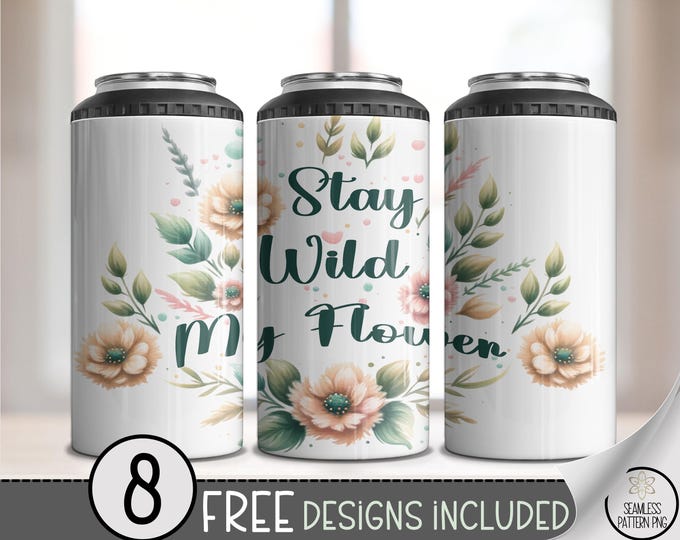 Stay Wild My Flower Tumbler Wrap 4-in-1, Boho Floral Sublimation PNG, Soft Pastel Watercolor Wrap, Inspirational Can Cooler Design, A387