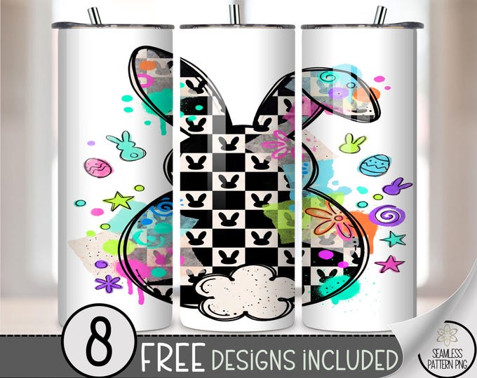 Easter Bunny PNG, 20 Oz Tumbler Wrap, Checkered Rabbit Sublimation Design For Skinny Tumblers, Digital Download, B881