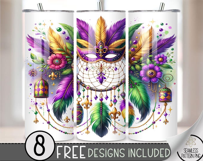 Mardi Gras Dreamcatcher Floral Tumbler Wrap, Nola Mask Sublimation Design PNG, Ethereal 20Oz Skinny Tumbler File, Mandala Tumbler PNG