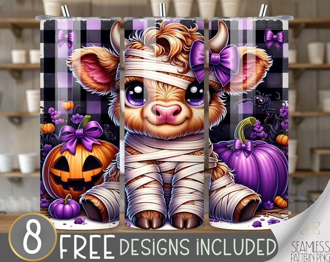 Mummy Highland Cow Tumbler Sublimation Design, Halloween Highland Cow Design, Purple Cow 20Oz Skinny Tumbler Wrap PNG, Instant Download