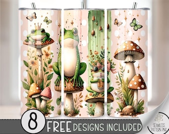 Funny Frog Tumbler Wrap PNG, Cottagecore Mushroom Frogs 20 oz Skinny Tumbler Sublimation Design, Iced Coffee Crown Frog & Butterflies, A72