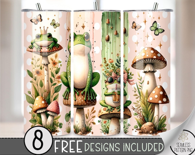 Funny Frog Tumbler Wrap PNG, Cottagecore Mushroom Frogs 20 oz Skinny Tumbler Sublimation Design, Iced Coffee Crown Frog & Butterflies, A72