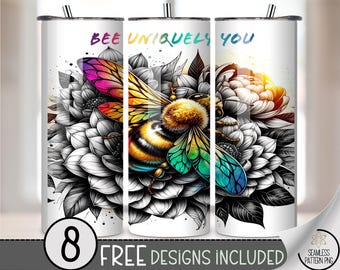 Positive Affirmation 20 oz tumbler wrap: Bee and Floral Sublimation Design for Skinny Tumblers, Seamless Motivational PNG, A596
