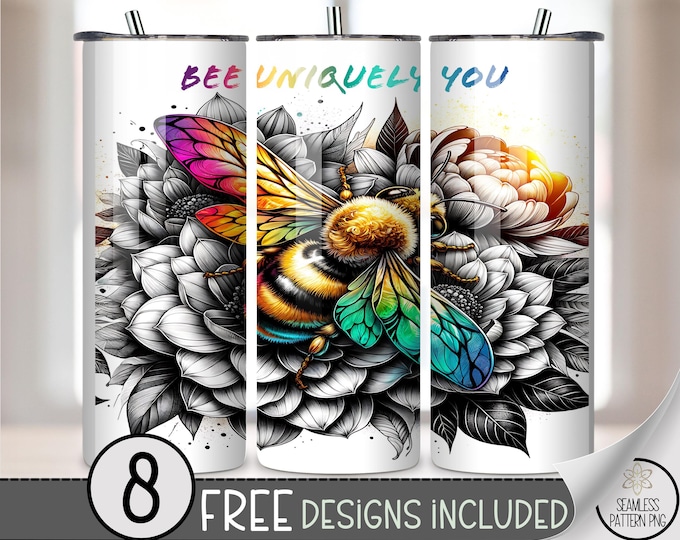 Positive Affirmation 20 oz tumbler wrap: Bee and Floral Sublimation Design for Skinny Tumblers, Seamless Motivational PNG, A596