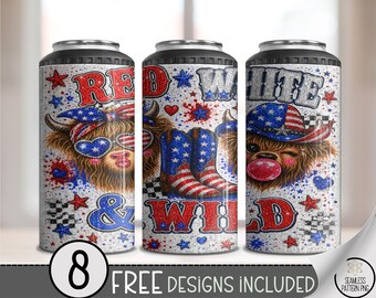 Patriotic Highland Cow 4-in-1 Can Cooler Wrap, Bubblegum Design, Americana 16 oz 4-in-1, Digital Download, B10270