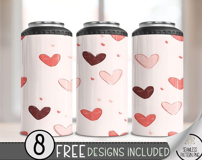 Seamless Valentine's Day 4 in 1 Can Cooler Wrap, Cute Heart 4in1 Tumbler PNG, Heart Pattern 16 Oz Can Cooler Sublimation Design, Vday Love