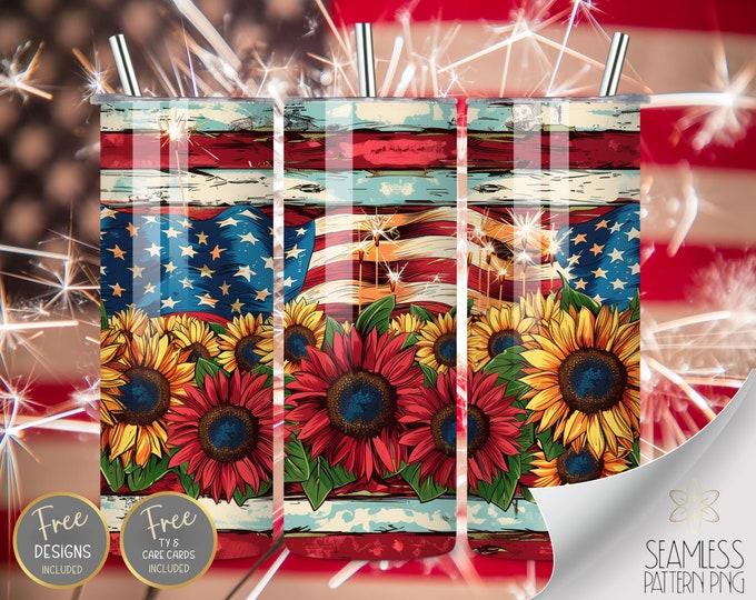 American Flag Sunflower 20oz Skinny Tumbler Wrap, Sublimation Design, Digital Download PNG, American Tumbler Wrap PNG, 4th of July Tumbler