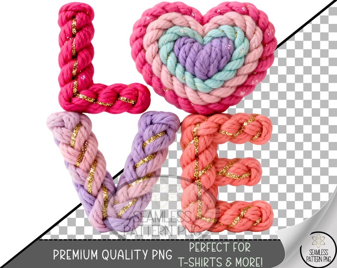 Faux Yarn Crochet Love Valentines Day PNG, Latch Hook Yarn Heart Sublimation Design, Cute VDay UV DTF Graphic, Chunky Heart Clip Art, B812