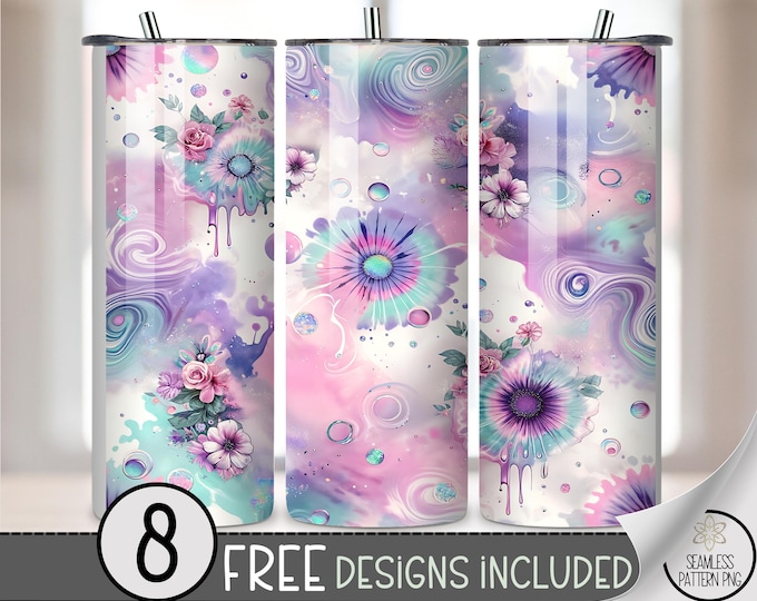 Dreamy Tie Dye 20 oz tumbler wrap: Abstract Floral Patterns Digital Download Sublimation Design for Skinny Tumblers, Whimsical PNG File A570
