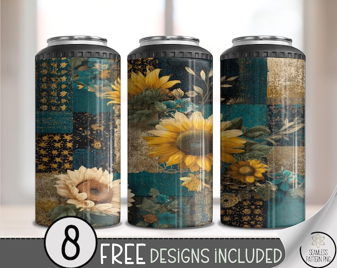 Sunflower Patchwork 4in1 Can Cooler Wrap, Rustic Floral Sublimation Design, Digital Download, B10557