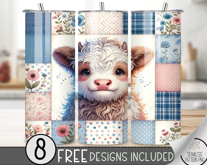 Floral Tumbler Wrap, Boho Sublimation Tumbler Wrap, Patchwork 20Oz Skinny Tumbler, Cute Patchwork Quilt Highland Cow Tumbler Design File