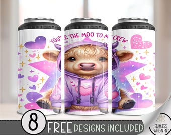 Highland Cow Valentine 4in1 Can Cooler Wrap, Winter Sublimation Design, Vday 16 Oz Slim, Cute 4 in 1 Tumbler PNG,Valentines 16 Oz Can Cooler