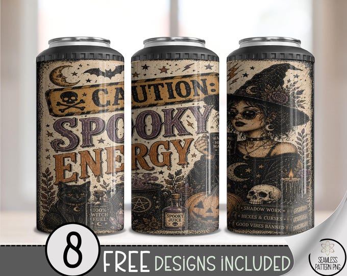 Caution Spooky 4-in-1 Can Cooler Wrap, Vintage Witch Printable Digital Download, Digital Instant Can Cooler B10425