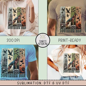 May include: A t-shirt with a graphic design featuring a German Shepherd with an American flag pattern, hunting elements, and the text "SOUTHERN DAD". The design is printed on a light-colored shirt.