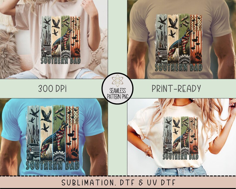 May include: A t-shirt with a graphic design featuring a German Shepherd with an American flag pattern, hunting elements, and the text "SOUTHERN DAD". The design is printed on a light-colored shirt.