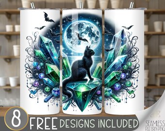 Cute Halloween Cat 20 oz Tumbler Wrap,Cute Cats 20oz Skinny Tumbler Design,Whimsical Jeweled Cat & Crystal Halloween Instant Download