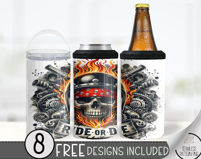 Motorcycle Can Cooler Wrap, Flaming Skull 16 oz 4-in-1 Cooler Sublimation, Biker Design File, Ride Or Die Can Cooler PNG Wrap, Skeleton A176