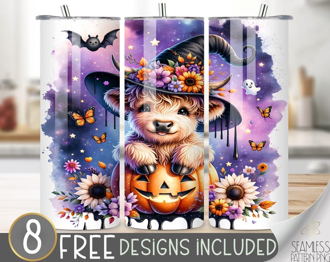 Halloween Highland Cow Tumbler Wrap,Cute Witch 20oz Straight,Cowl Sublimation Design,Jack O Lantern 20 Oz Skinny Tumbler Sublimation Designs