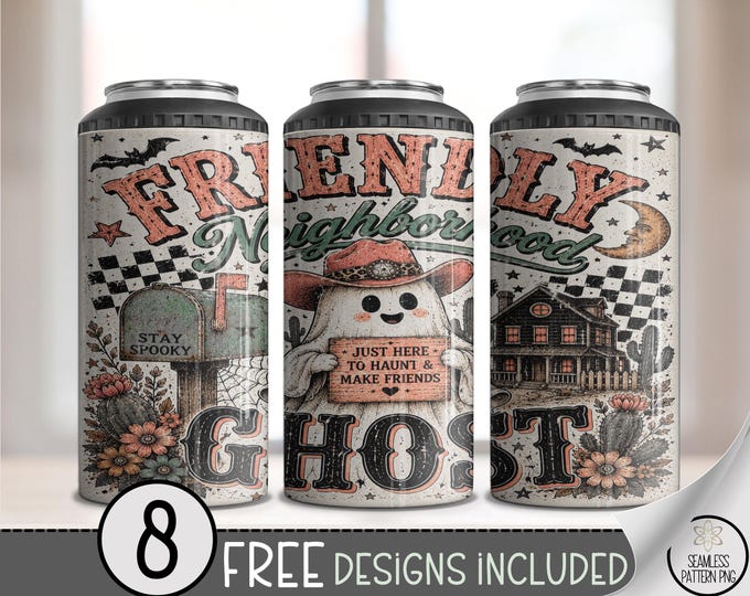 Halloween 4-in-1 Can Cooler Wrap, Friendly Ghost Sublimation Design, 16 oz, Digital Download, B10383