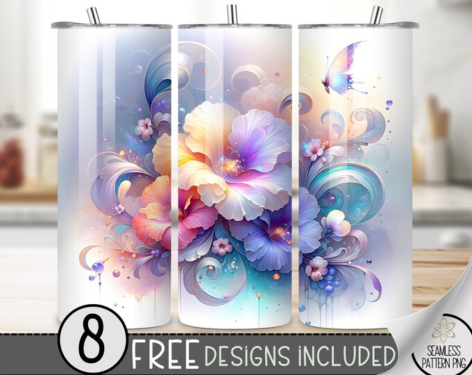 Flower Tumbler Wrap PNG, Fantasy 20 Oz Skinny Tumbler Design, Abstract Sublimation Png, Floral 20Oz Skinny Tumbler,Ethereal Digital Download