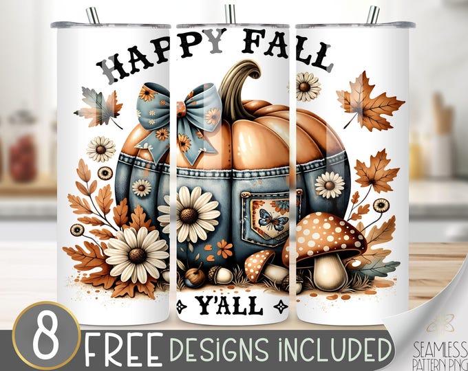 Fall Tumbler Wrap, Happy Fall Yall Sublimation Design Tumbler, Autumn Tumbler Fall 20Oz Skinny Tumbler, Pumpkin Tumbler Png Sublimation