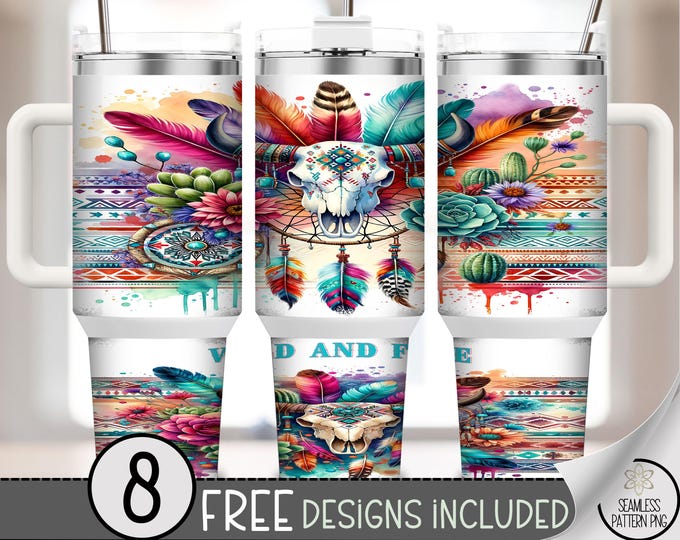 Western Skull 40 oz Tumbler Wrap PNG, Boho Cow Skull with Feathers, Dreamcatcher, Succulents, Cactus, and Tribal Aztec Sublimation, A404