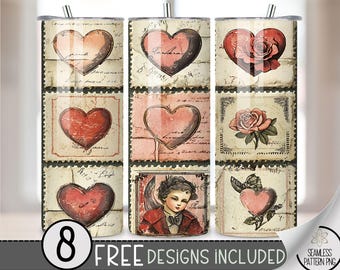 Victorian Heart Tumbler Wrap, Stamp 20oz Skinny Tumbler Sublimation Design, Shabby Chic Tumbler Wrap File PNG, Valentine's Day Seamless File