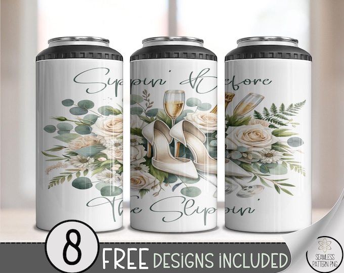 Wedding Wine PNG, Elegant Floral 4-in-1 Can Cooler Wrap, Sippin Bridal Party Sublimation Design, Digital Download, B628