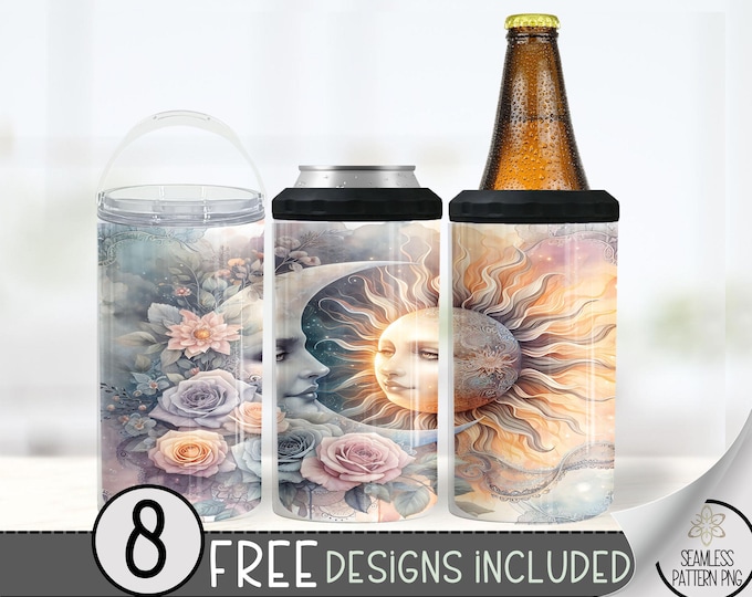 Boho Floral Can Cooler Wrap, Ethereal 16 oz 4-in-1 Cooler Sublimation, Sun & Moon Design, Celestial Can Wrap, Pastel Nature Wrap,Gothic Moth