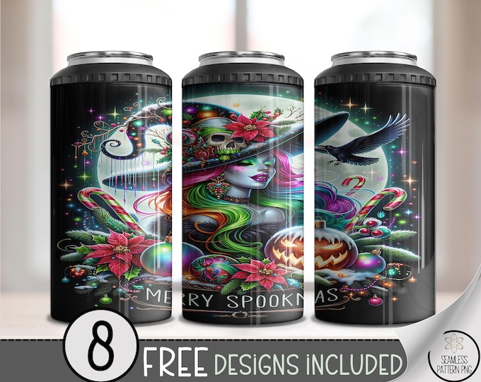 Halloween Spookmas 4-in-1 Can Cooler Wrap, Skull Witch Sublimation Design, Gothic 16 oz 4-in-1 File, Digital Download, B10325