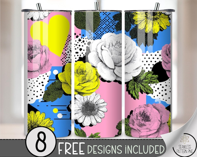 Spring Floral 20 oz Tumbler Wrap, Colorful Sublimation Design for Straight Tumblers, Retro Pop-Art PNG Files, Bright Floral Patterns B10046