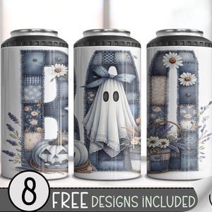 Patchwork Ghost Can Cooler PNG, 4in1 Vintage Quilt Halloween Design, 16oz Cozy Spooky Fall File, Retro Sublimation Download, A420