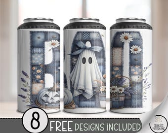 Patchwork Ghost Can Cooler PNG, 4in1 Vintage Quilt Halloween Design, 16oz Cozy Spooky Fall File, Retro Sublimation Download, A420