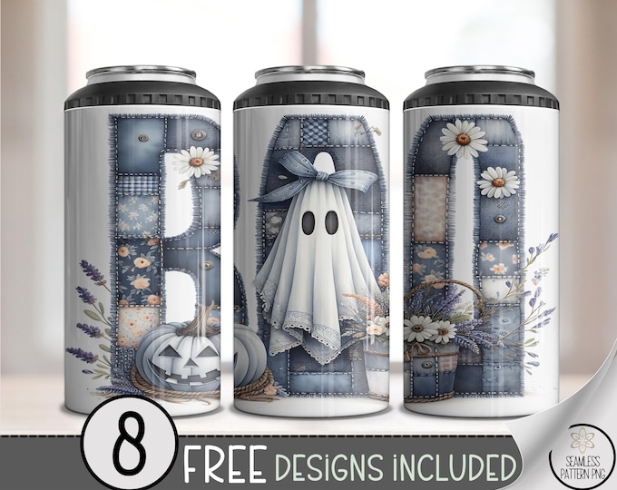 Patchwork Ghost Can Cooler PNG, 4in1 Vintage Quilt Halloween Design, 16oz Cozy Spooky Fall File, Retro Sublimation Download, A420