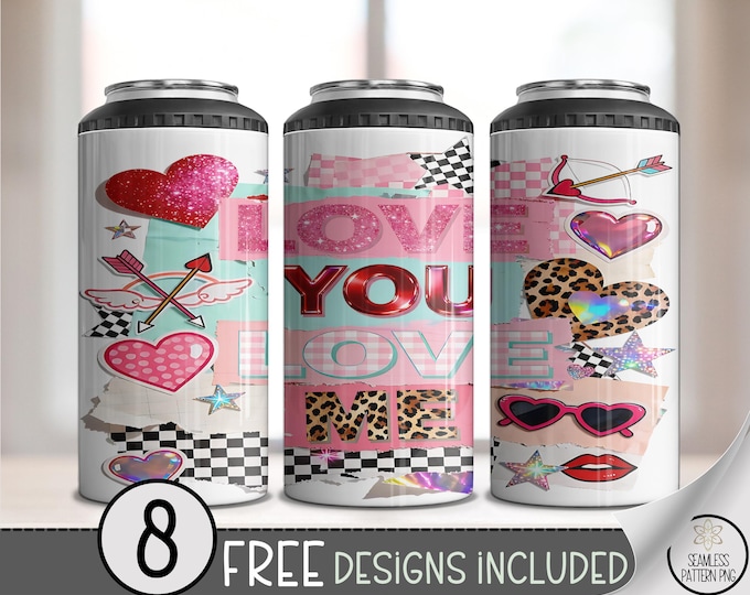 Love You 4-in-1 Can Cooler Wrap PNG, Cute Valentines Day, Heart Sublimation Design, Pink Romantic, Digital Download, B817