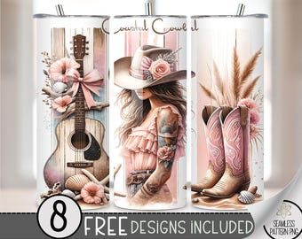 Coast Cowgirl 20 oz Tumbler Wrap, Guitar Cowgirl Skinny Tumbler Sublimation Design, Western Tumbler PNG Digital File, Girly Beach File, A154