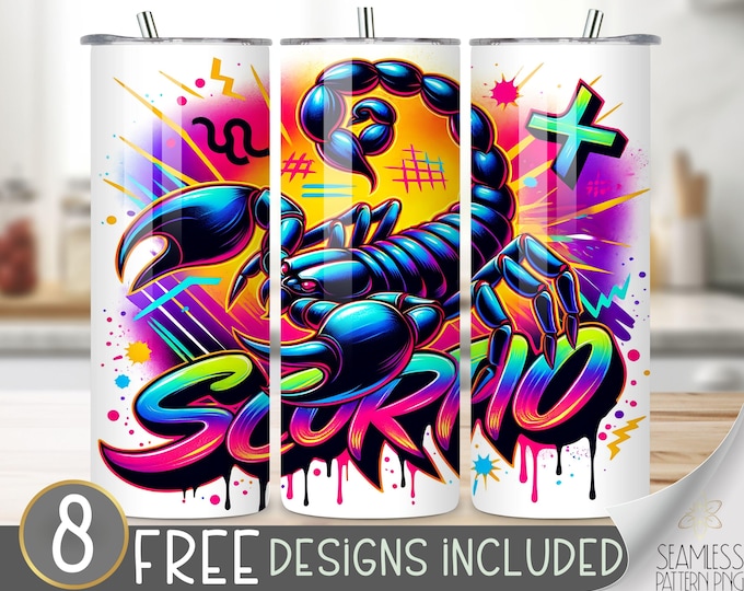 Neon Zodiac Tumbler Wrap, Scorpio 20 Oz Skinny Tumbler Sublimation Design Astrology Sign,Zodiac Signs Tumbler PNG,Airbrush Astrology Tumbler