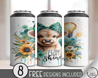 Boho Highland Cow 4 in 1 Can Cooler Wrap File, Inspirational File with Teal Bow, Sunflower Let Your Light Shine Wrap Design, A502