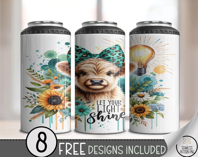 Boho Highland Cow 4 in 1 Can Cooler Wrap File, Inspirational File with Teal Bow, Sunflower Let Your Light Shine Wrap Design, A502