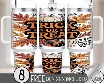 40oz Trick or Treat Tumbler Wrap, Fall Pumpkin Halloween PNG, Autumn Leaves Sublimation Design, Rustic October Wrap PNG, A362