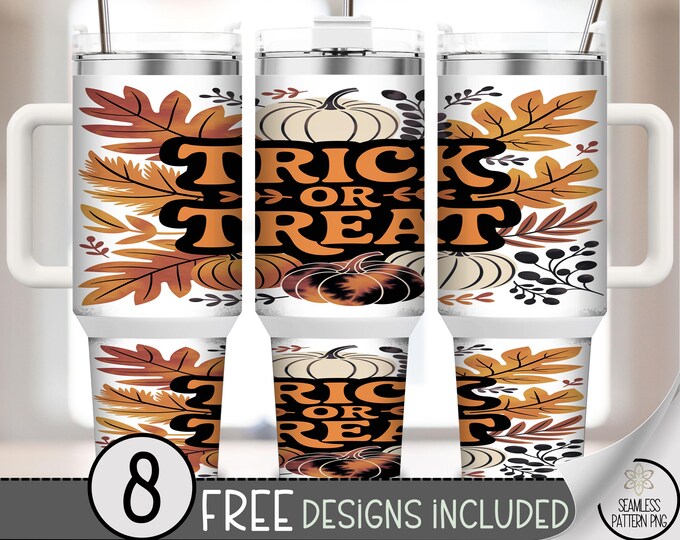 40oz Trick or Treat Tumbler Wrap, Fall Pumpkin Halloween PNG, Autumn Leaves Sublimation Design, Rustic October Wrap PNG, A362