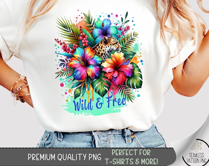 Wild and Free Leopard T-Shirt PNG, Tropical Jungle Animal Shirt Design, Boho Sublimation Clipart DTF Heat Transfer, Summer Tshirt File A289